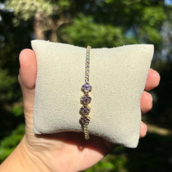 18K Gold Plated Stainless Steel Lilac Purple Diamond Flower Bracelet - Picture 3 of 5